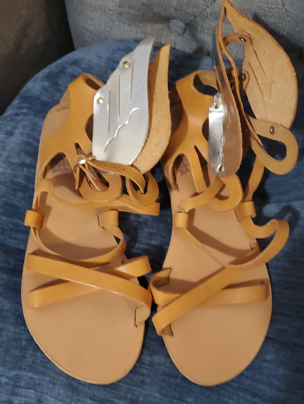 Ancient Greek Sandals Tan Leather Lace-Up Sandals with Silver Leaf